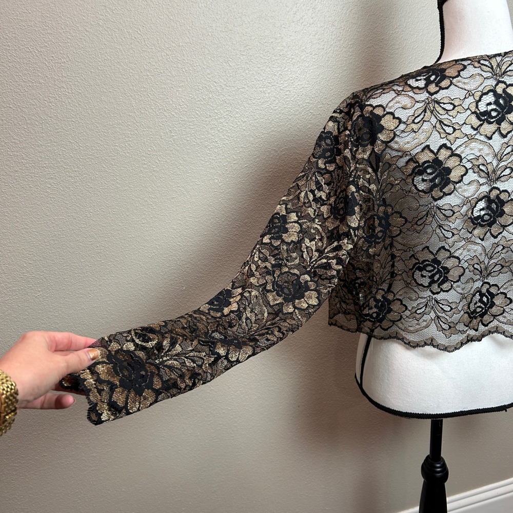 Vintage Lace Bolero Jacket Womens 14 Black Gold Metallic Floral Shrug Sheer Chic - Picture 14 of 15